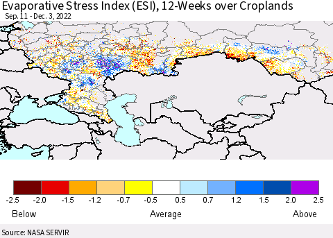 Russian Federation Evaporative Stress Index (ESI), 12-Weeks over Croplands Thematic Map For 11/28/2022 - 12/4/2022