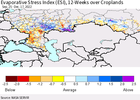 Russian Federation Evaporative Stress Index (ESI), 12-Weeks over Croplands Thematic Map For 12/12/2022 - 12/18/2022