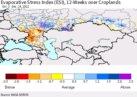 Russian Federation Evaporative Stress Index (ESI), 12-Weeks over Croplands Thematic Map For 12/19/2022 - 12/25/2022