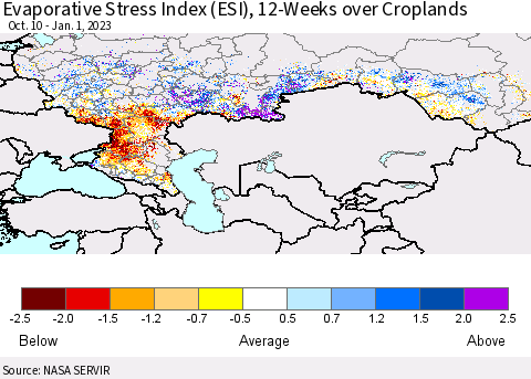 Russian Federation Evaporative Stress Index (ESI), 12-Weeks over Croplands Thematic Map For 12/26/2022 - 1/1/2023