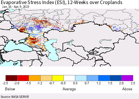 Russian Federation Evaporative Stress Index (ESI), 12-Weeks over Croplands Thematic Map For 4/3/2023 - 4/9/2023