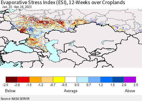 Russian Federation Evaporative Stress Index (ESI), 12-Weeks over Croplands Thematic Map For 4/10/2023 - 4/16/2023