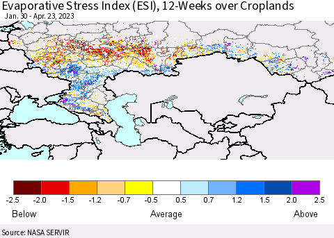 Russian Federation Evaporative Stress Index (ESI), 12-Weeks over Croplands Thematic Map For 4/17/2023 - 4/23/2023
