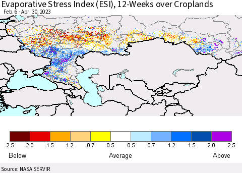 Russian Federation Evaporative Stress Index (ESI), 12-Weeks over Croplands Thematic Map For 4/24/2023 - 4/30/2023