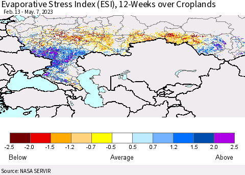 Russian Federation Evaporative Stress Index (ESI), 12-Weeks over Croplands Thematic Map For 5/1/2023 - 5/7/2023