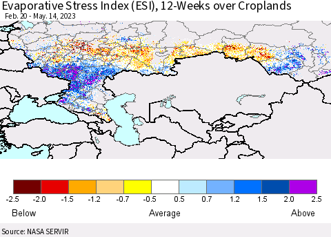 Russian Federation Evaporative Stress Index (ESI), 12-Weeks over Croplands Thematic Map For 5/8/2023 - 5/14/2023