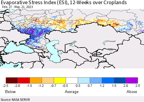 Russian Federation Evaporative Stress Index (ESI), 12-Weeks over Croplands Thematic Map For 5/15/2023 - 5/21/2023