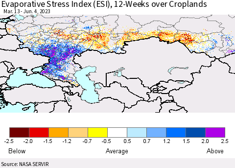 Russian Federation Evaporative Stress Index (ESI), 12-Weeks over Croplands Thematic Map For 5/29/2023 - 6/4/2023