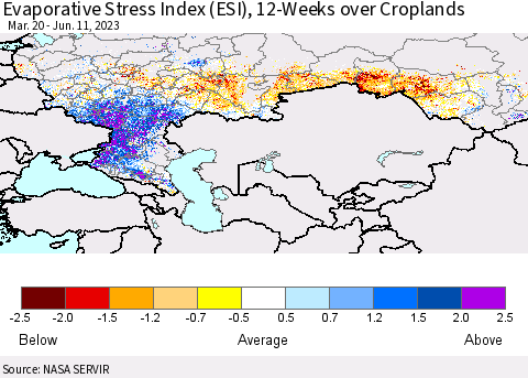 Russian Federation Evaporative Stress Index (ESI), 12-Weeks over Croplands Thematic Map For 6/5/2023 - 6/11/2023