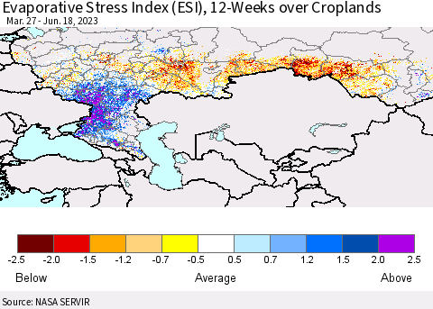 Russian Federation Evaporative Stress Index (ESI), 12-Weeks over Croplands Thematic Map For 6/12/2023 - 6/18/2023