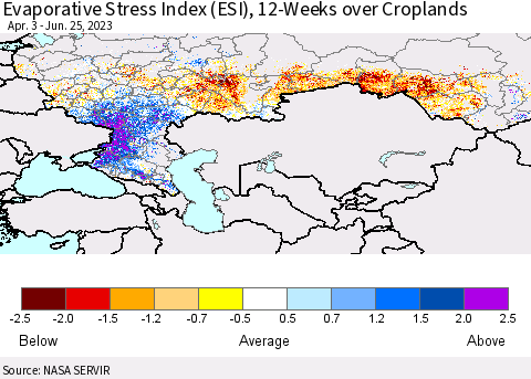 Russian Federation Evaporative Stress Index (ESI), 12-Weeks over Croplands Thematic Map For 6/19/2023 - 6/25/2023