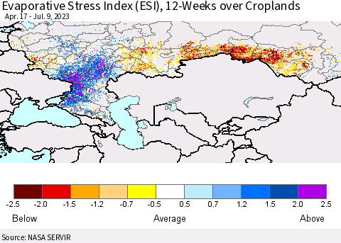 Russian Federation Evaporative Stress Index (ESI), 12-Weeks over Croplands Thematic Map For 7/3/2023 - 7/9/2023