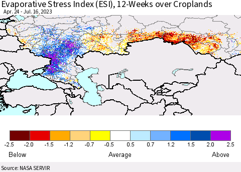 Russian Federation Evaporative Stress Index (ESI), 12-Weeks over Croplands Thematic Map For 7/10/2023 - 7/16/2023