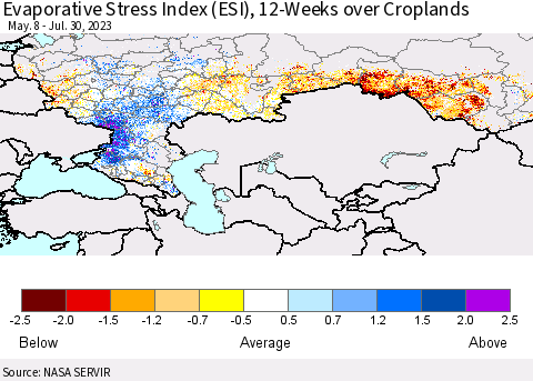 Russian Federation Evaporative Stress Index (ESI), 12-Weeks over Croplands Thematic Map For 7/24/2023 - 7/30/2023