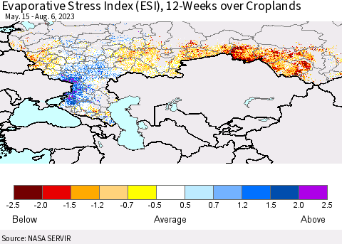 Russian Federation Evaporative Stress Index (ESI), 12-Weeks over Croplands Thematic Map For 7/31/2023 - 8/6/2023