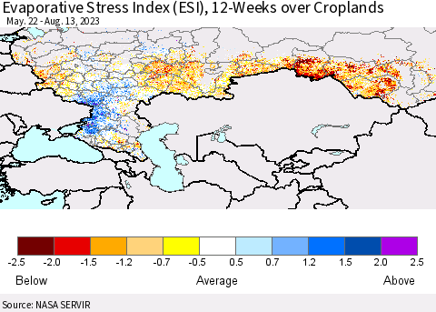 Russian Federation Evaporative Stress Index (ESI), 12-Weeks over Croplands Thematic Map For 8/7/2023 - 8/13/2023