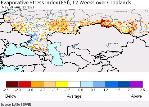 Russian Federation Evaporative Stress Index (ESI), 12-Weeks over Croplands Thematic Map For 8/14/2023 - 8/20/2023