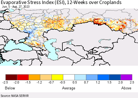 Russian Federation Evaporative Stress Index (ESI), 12-Weeks over Croplands Thematic Map For 8/21/2023 - 8/27/2023