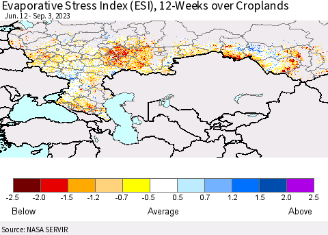 Russian Federation Evaporative Stress Index (ESI), 12-Weeks over Croplands Thematic Map For 8/28/2023 - 9/3/2023