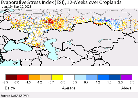 Russian Federation Evaporative Stress Index (ESI), 12-Weeks over Croplands Thematic Map For 9/4/2023 - 9/10/2023