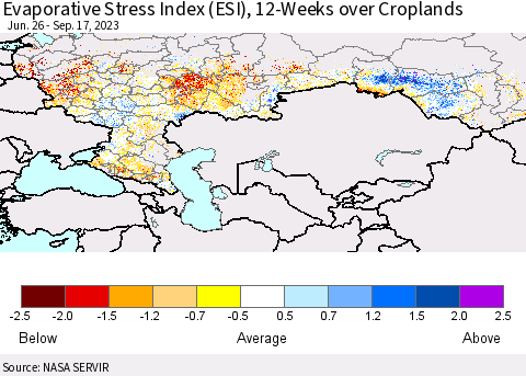 Russian Federation Evaporative Stress Index (ESI), 12-Weeks over Croplands Thematic Map For 9/11/2023 - 9/17/2023