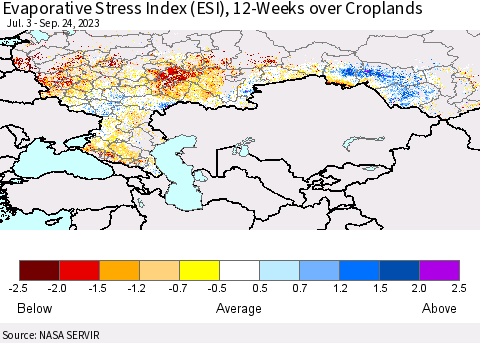 Russian Federation Evaporative Stress Index (ESI), 12-Weeks over Croplands Thematic Map For 9/18/2023 - 9/24/2023
