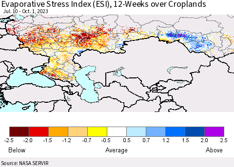 Russian Federation Evaporative Stress Index (ESI), 12-Weeks over Croplands Thematic Map For 9/25/2023 - 10/1/2023