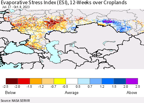Russian Federation Evaporative Stress Index (ESI), 12-Weeks over Croplands Thematic Map For 10/2/2023 - 10/8/2023