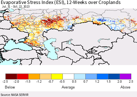 Russian Federation Evaporative Stress Index (ESI), 12-Weeks over Croplands Thematic Map For 10/16/2023 - 10/22/2023