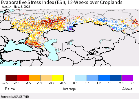 Russian Federation Evaporative Stress Index (ESI), 12-Weeks over Croplands Thematic Map For 10/30/2023 - 11/5/2023