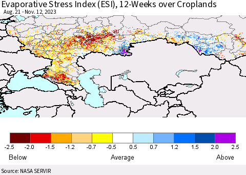 Russian Federation Evaporative Stress Index (ESI), 12-Weeks over Croplands Thematic Map For 11/6/2023 - 11/12/2023