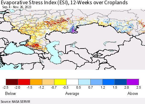 Russian Federation Evaporative Stress Index (ESI), 12-Weeks over Croplands Thematic Map For 11/20/2023 - 11/26/2023