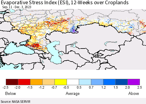 Russian Federation Evaporative Stress Index (ESI), 12-Weeks over Croplands Thematic Map For 11/27/2023 - 12/3/2023