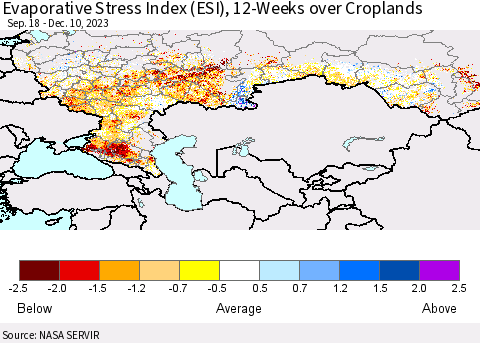 Russian Federation Evaporative Stress Index (ESI), 12-Weeks over Croplands Thematic Map For 12/4/2023 - 12/10/2023