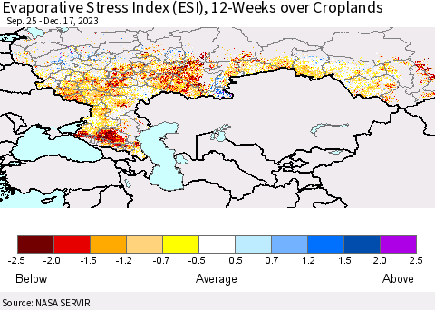 Russian Federation Evaporative Stress Index (ESI), 12-Weeks over Croplands Thematic Map For 12/11/2023 - 12/17/2023