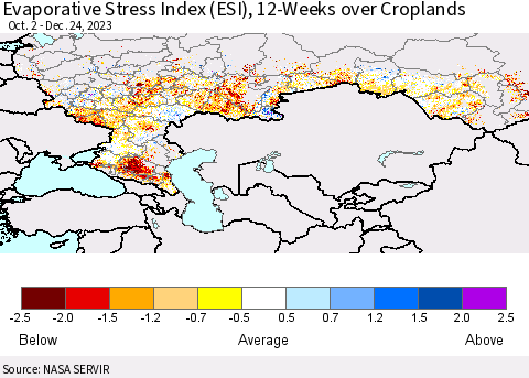 Russian Federation Evaporative Stress Index (ESI), 12-Weeks over Croplands Thematic Map For 12/18/2023 - 12/24/2023