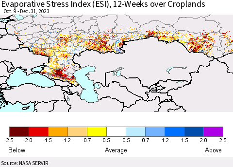 Russian Federation Evaporative Stress Index (ESI), 12-Weeks over Croplands Thematic Map For 12/25/2023 - 12/31/2023