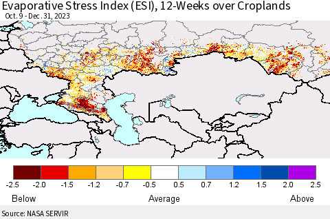 Russian Federation Evaporative Stress Index (ESI), 12-Weeks over Croplands Thematic Map For 1/1/2024 - 1/7/2024