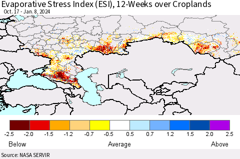 Russian Federation Evaporative Stress Index (ESI), 12-Weeks over Croplands Thematic Map For 1/8/2024 - 1/14/2024