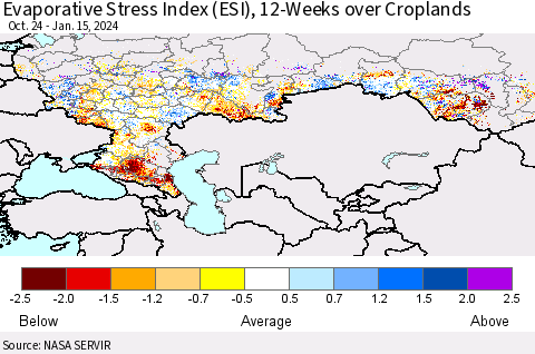 Russian Federation Evaporative Stress Index (ESI), 12-Weeks over Croplands Thematic Map For 1/15/2024 - 1/21/2024