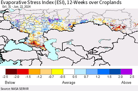 Russian Federation Evaporative Stress Index (ESI), 12-Weeks over Croplands Thematic Map For 1/22/2024 - 1/28/2024