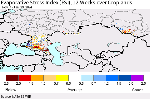 Russian Federation Evaporative Stress Index (ESI), 12-Weeks over Croplands Thematic Map For 1/29/2024 - 2/4/2024
