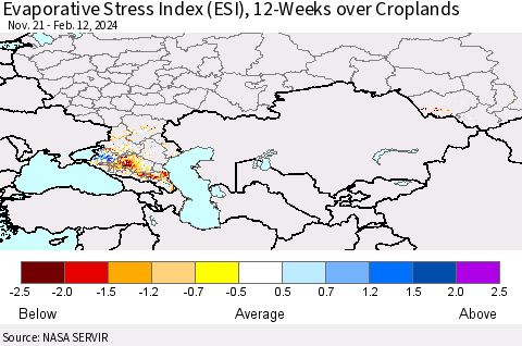 Russian Federation Evaporative Stress Index (ESI), 12-Weeks over Croplands Thematic Map For 2/12/2024 - 2/18/2024