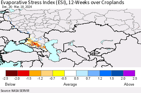 Russian Federation Evaporative Stress Index (ESI), 12-Weeks over Croplands Thematic Map For 3/18/2024 - 3/24/2024