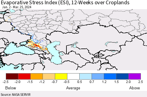 Russian Federation Evaporative Stress Index (ESI), 12-Weeks over Croplands Thematic Map For 3/25/2024 - 3/31/2024