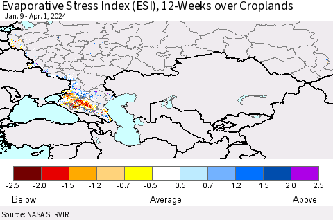 Russian Federation Evaporative Stress Index (ESI), 12-Weeks over Croplands Thematic Map For 4/1/2024 - 4/7/2024