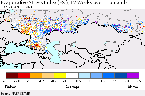 Russian Federation Evaporative Stress Index (ESI), 12-Weeks over Croplands Thematic Map For 4/15/2024 - 4/21/2024
