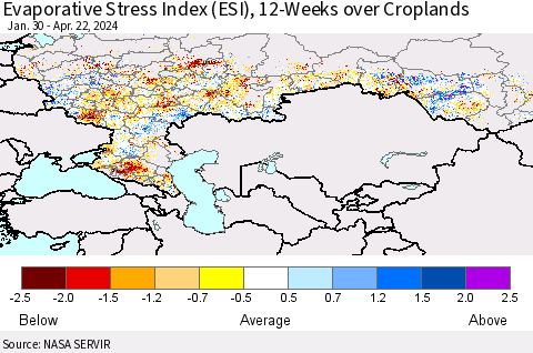 Russian Federation Evaporative Stress Index (ESI), 12-Weeks over Croplands Thematic Map For 4/22/2024 - 4/28/2024
