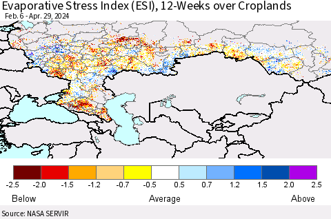 Russian Federation Evaporative Stress Index (ESI), 12-Weeks over Croplands Thematic Map For 4/29/2024 - 5/5/2024