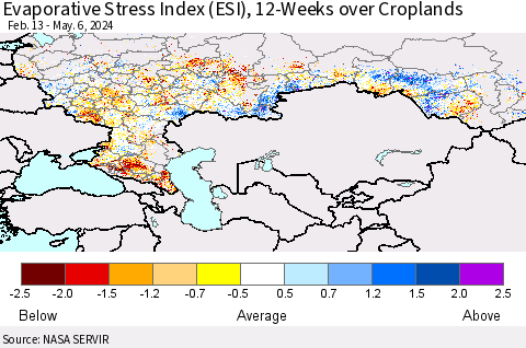 Russian Federation Evaporative Stress Index (ESI), 12-Weeks over Croplands Thematic Map For 5/6/2024 - 5/12/2024